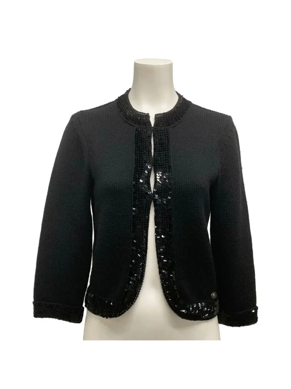 Chanel Cardigan 40 M Black Long Sleeve Sequin Wool